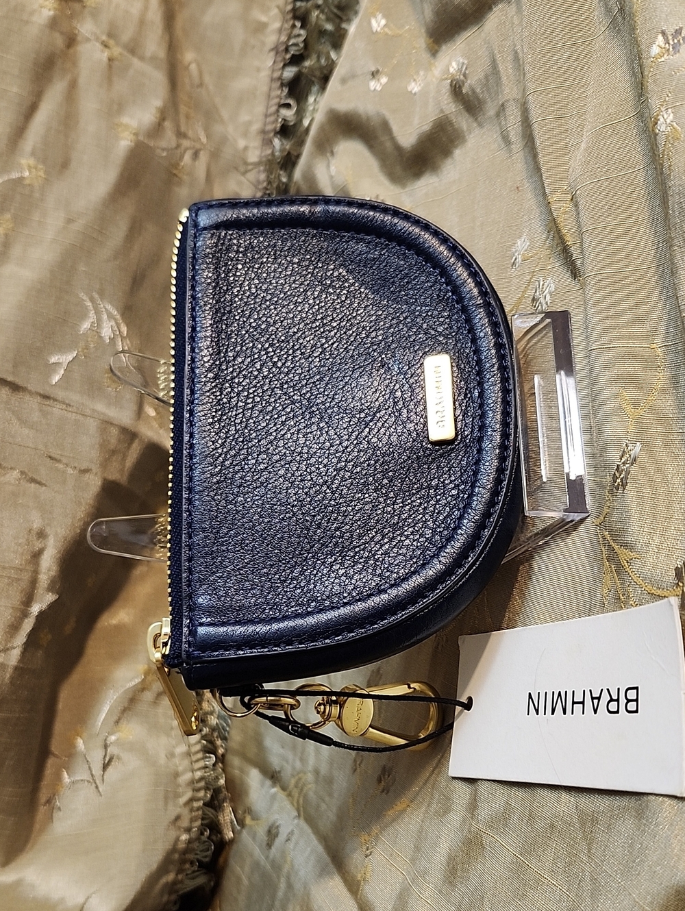 Brahmin Pebbled Navy Leather Mini Coin Pouch with Gold Hardware
